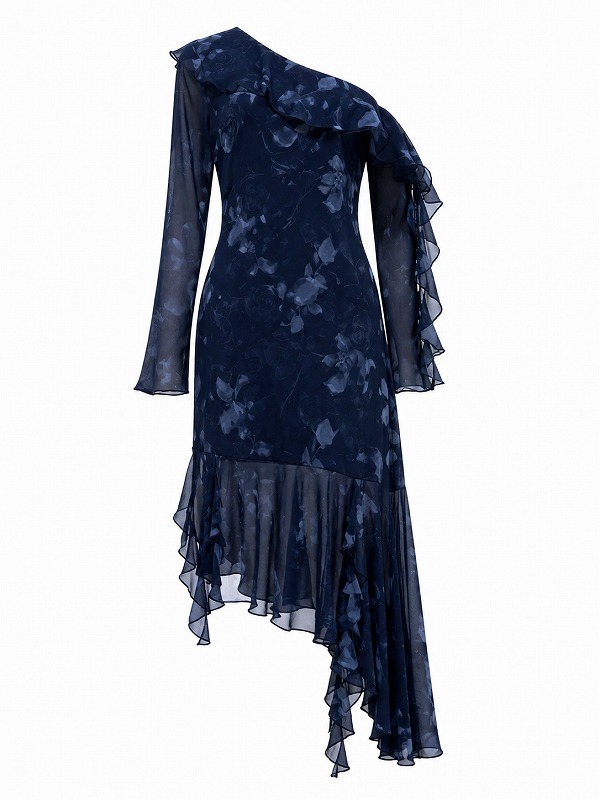 【新品DRESS 961】アシンメトリーサイドオフショル花柄ミディアムドレス ブルー【asos】